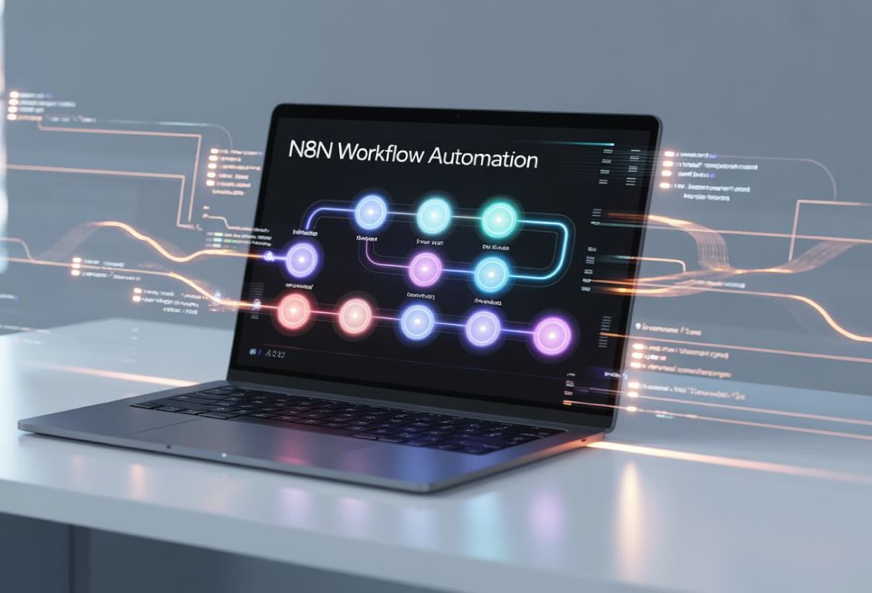 Laptop displaying an n8n workflow automation pipeline with connected AI nodes