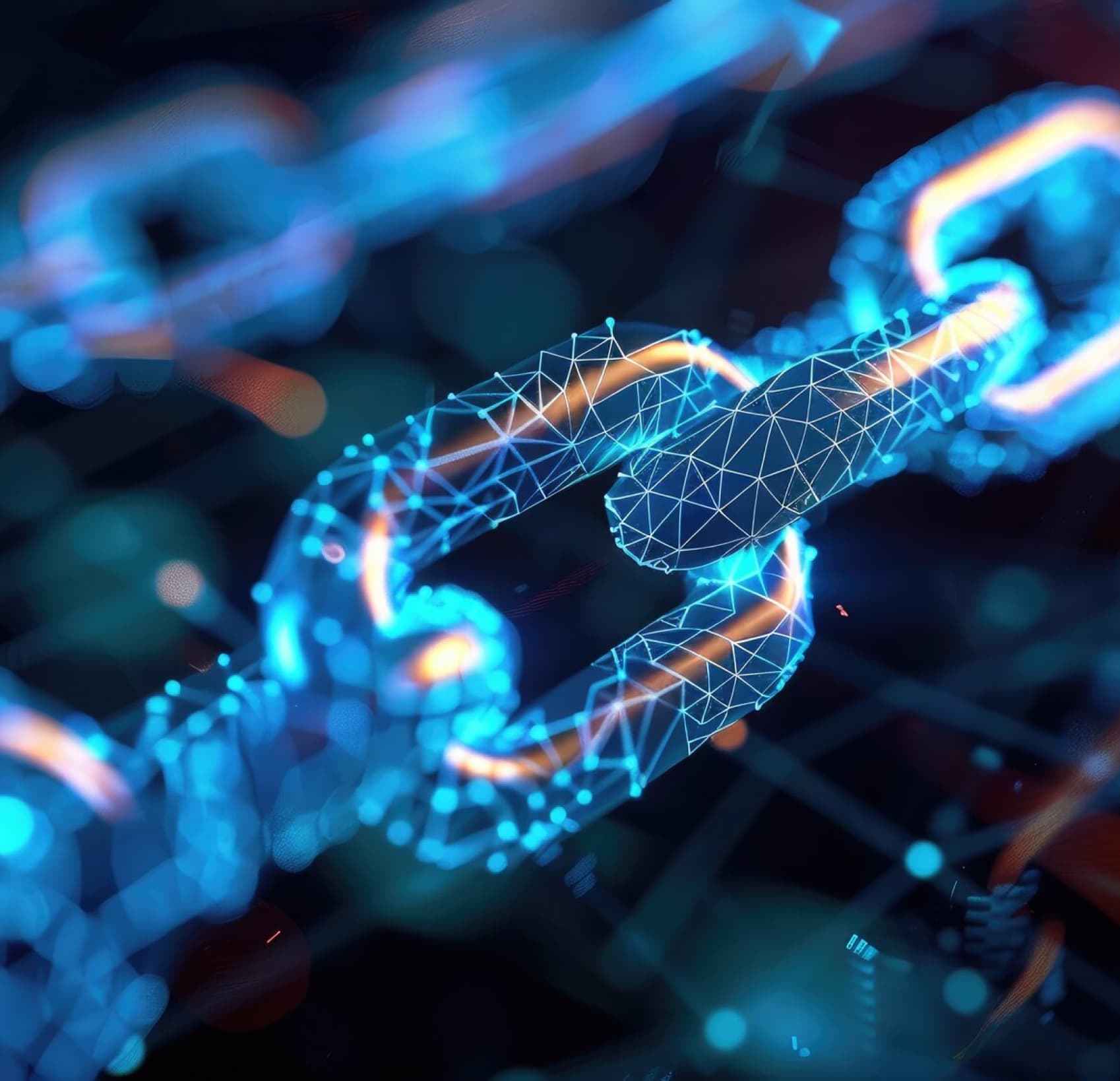 Glowing blue chain links representing the connected and immutable nature of blockchain technology.