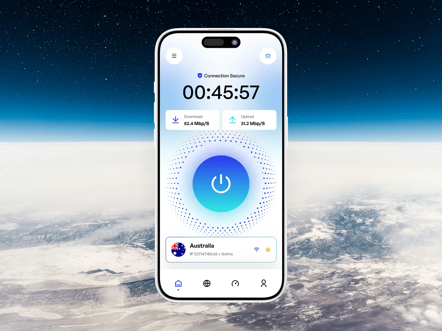 Smartphone mockup of a VPN app with a glowing connect button against a scenic outdoor background.