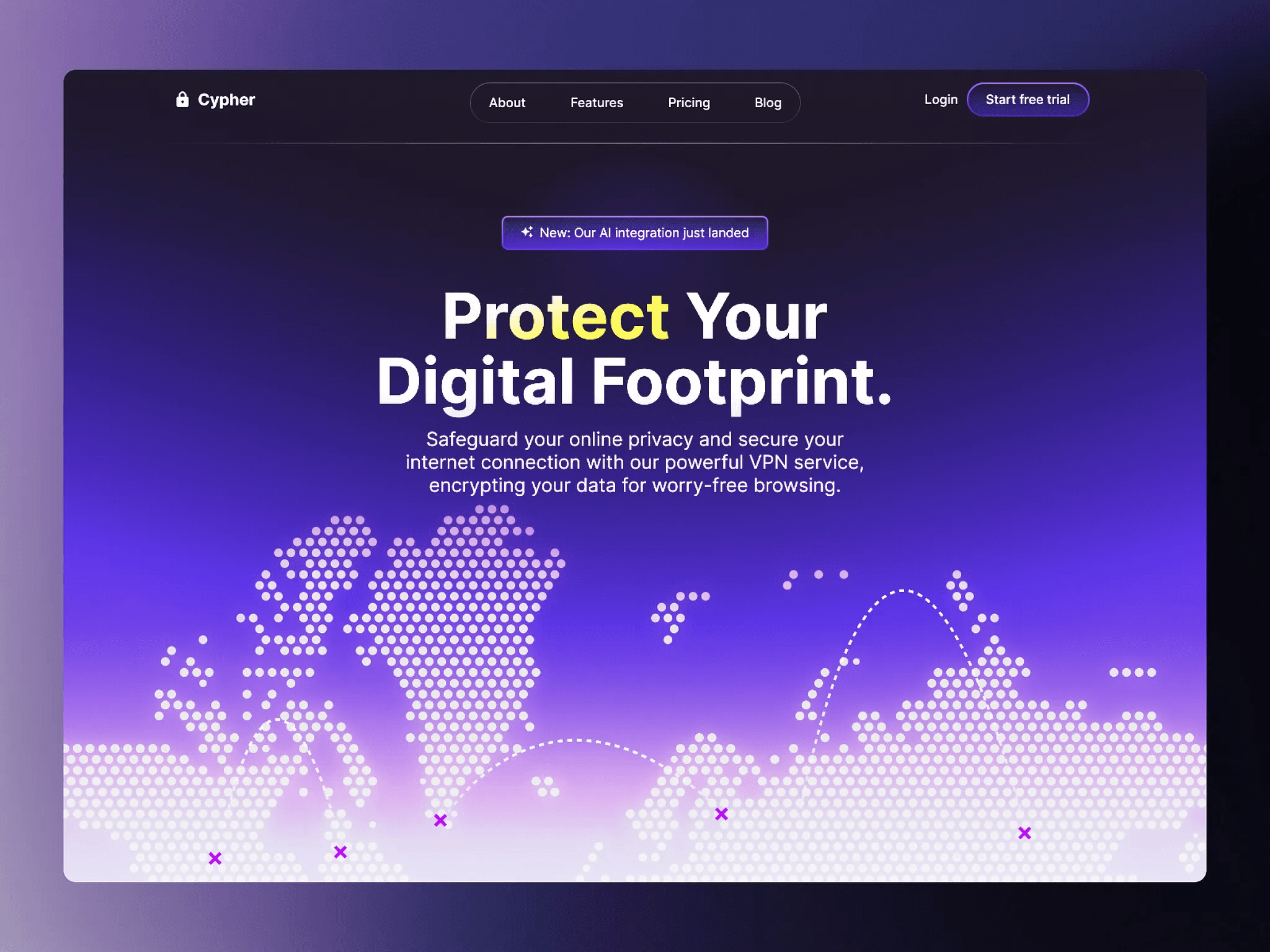 Laptop mockup of a VPN landing page with the headline Protect Your Digital Footprint over a dotted world map.