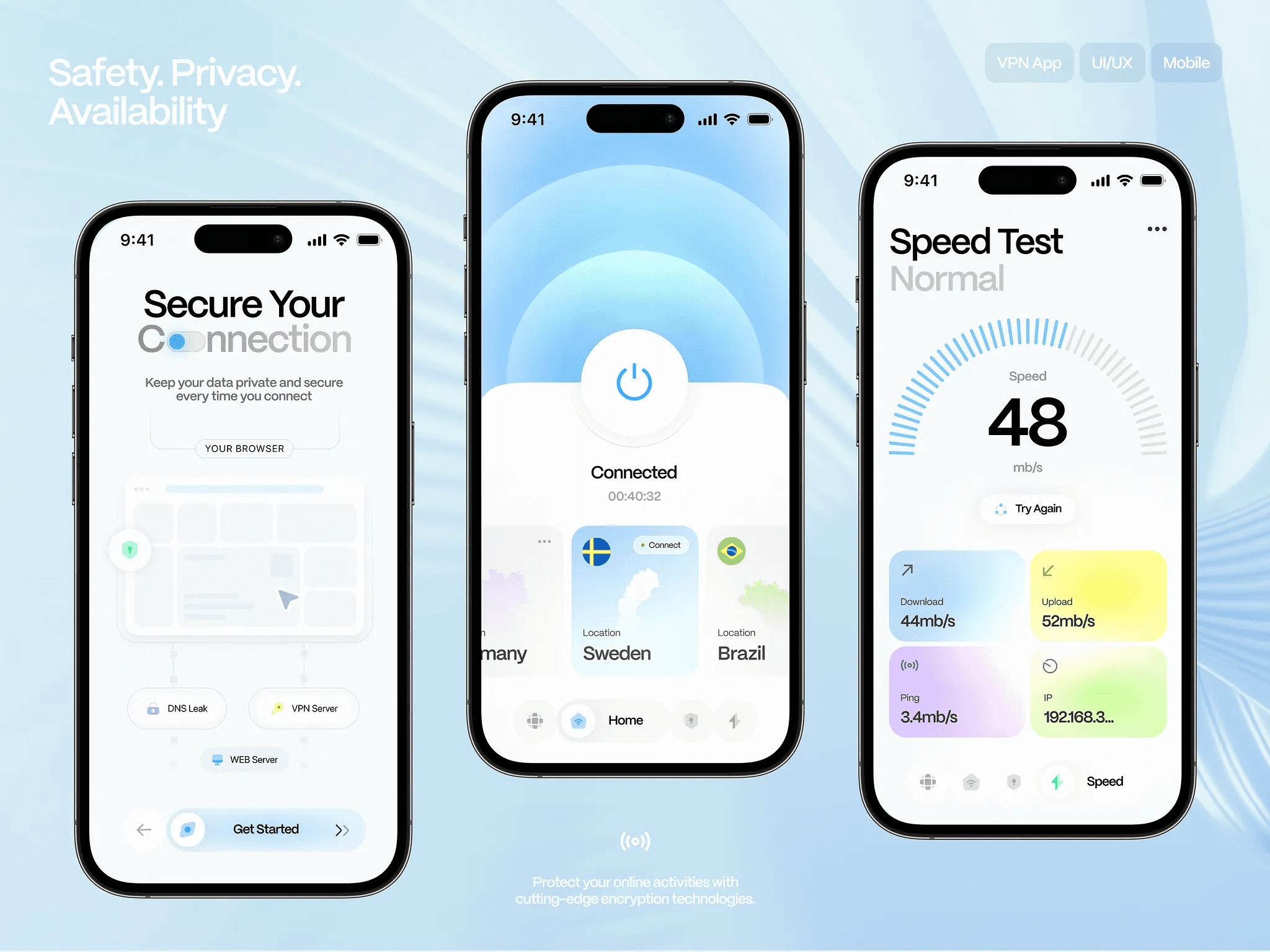 Three iPhone mockups of a light-mode white-label VPN app showing connection status, server locations, and a speed test.