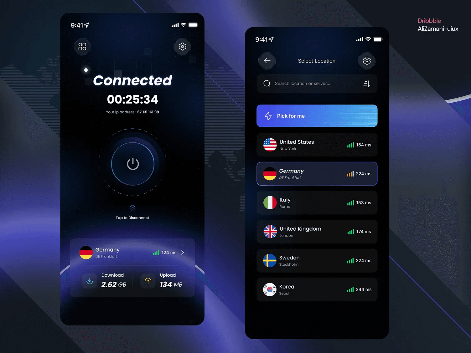 Two smartphone mockups of a dark-mode VPN app showing a connection timer and an international server list.
