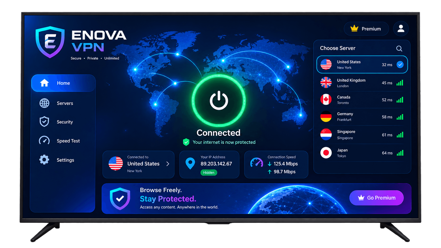 Enova VPN white-label dashboard on a smart TV interface showing connected status and server selection.
