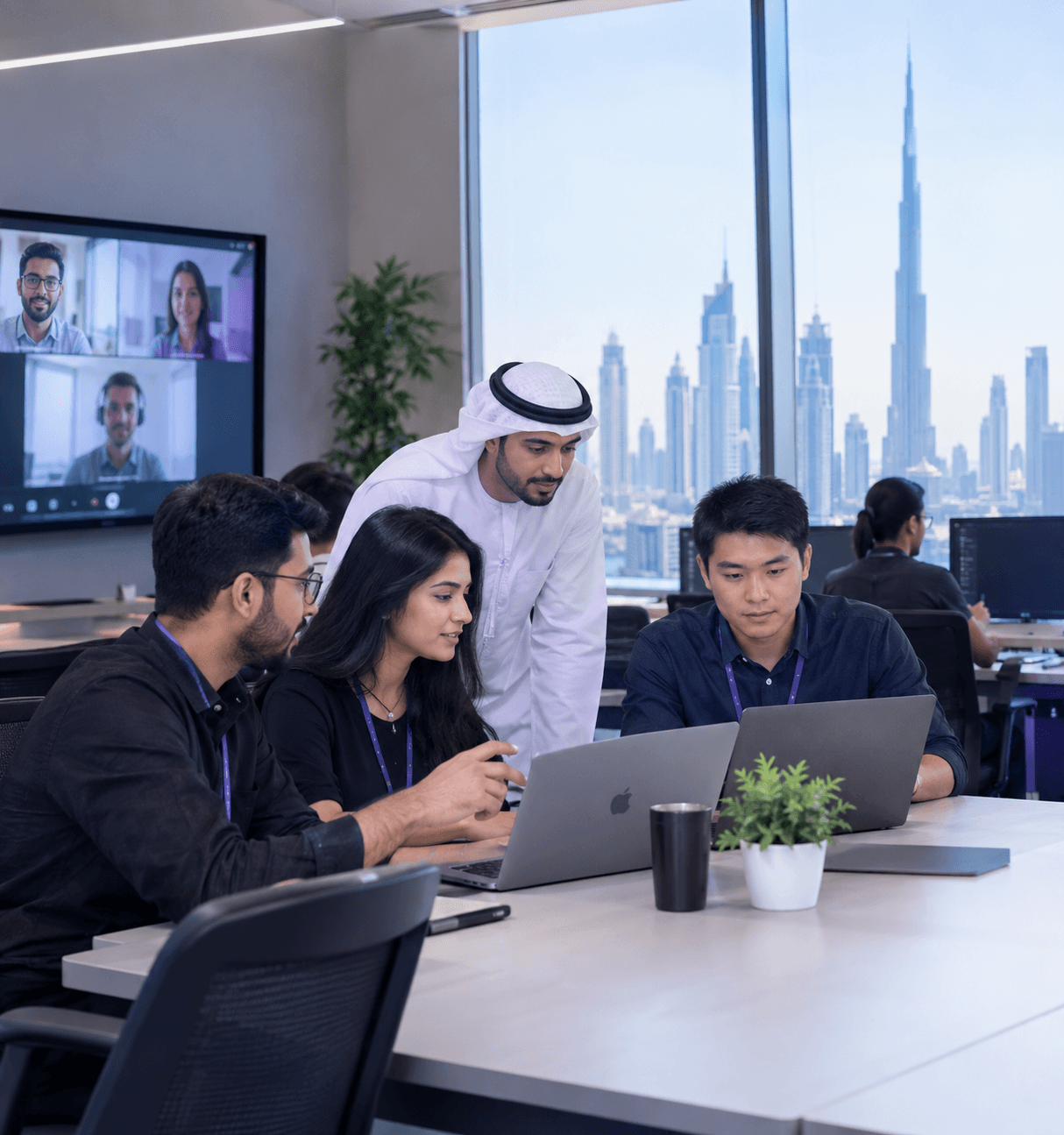 Nagorik colleagues collaborating in the Dubai office, the city skyline through the window