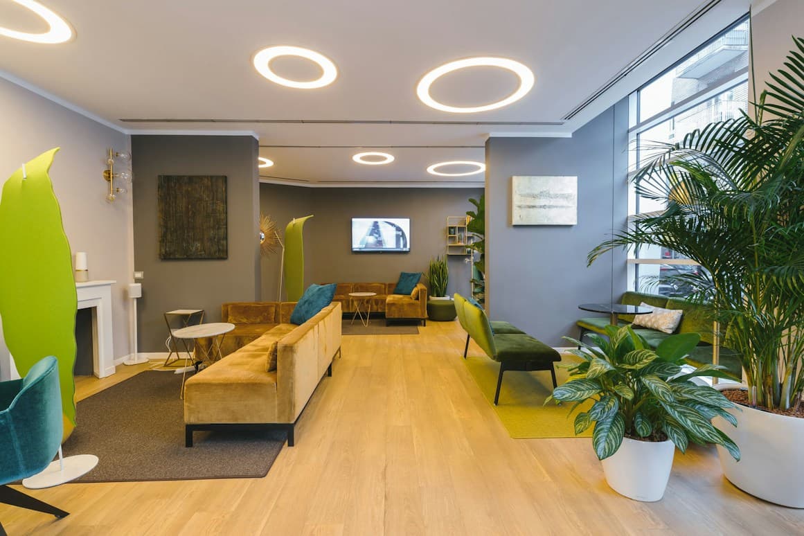 Lounge with sofas, plants and circular ceiling lights