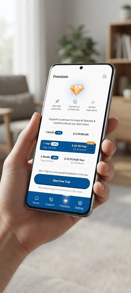 Hand holding an Android phone showing the EnovaVPN Premium screen with monthly, yearly and half-year plans and a Start Free Trial button, in a softly blurred living room