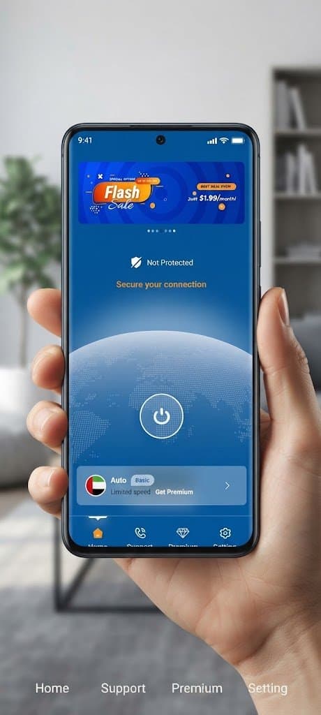 Hand holding a phone showing the EnovaVPN home screen with a Flash Sale banner, Not Protected status and the one-tap connect button over a globe