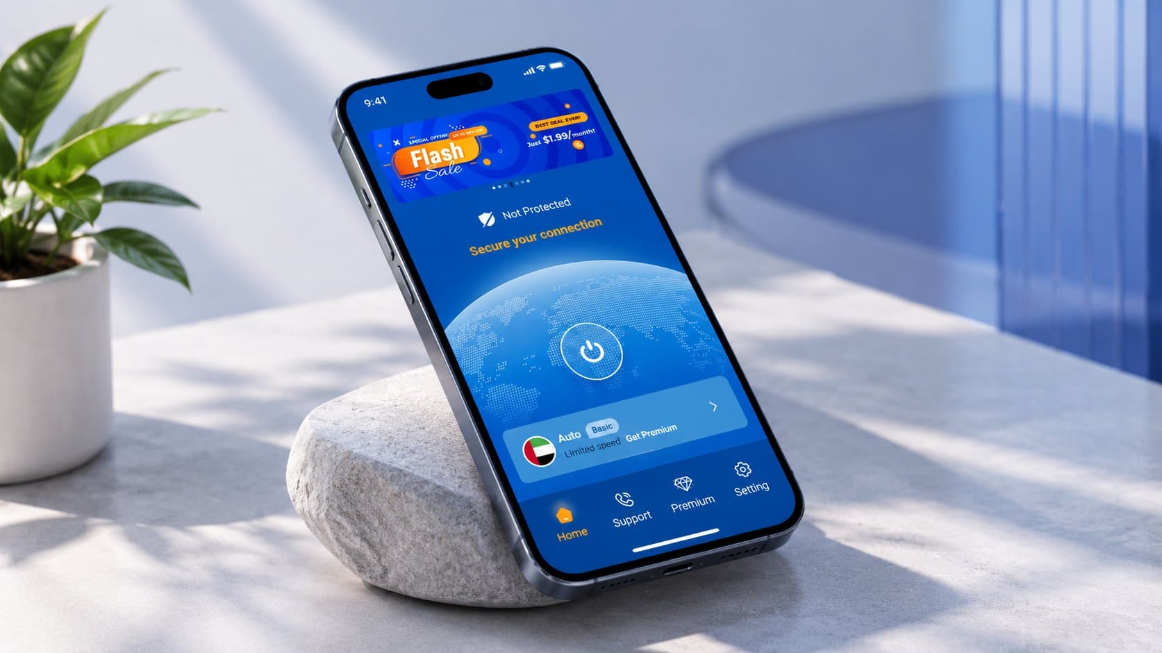 iPhone leaning on a smooth stone on a sunlit table, showing the EnovaVPN home screen with a Flash Sale banner, globe and one-tap connect button