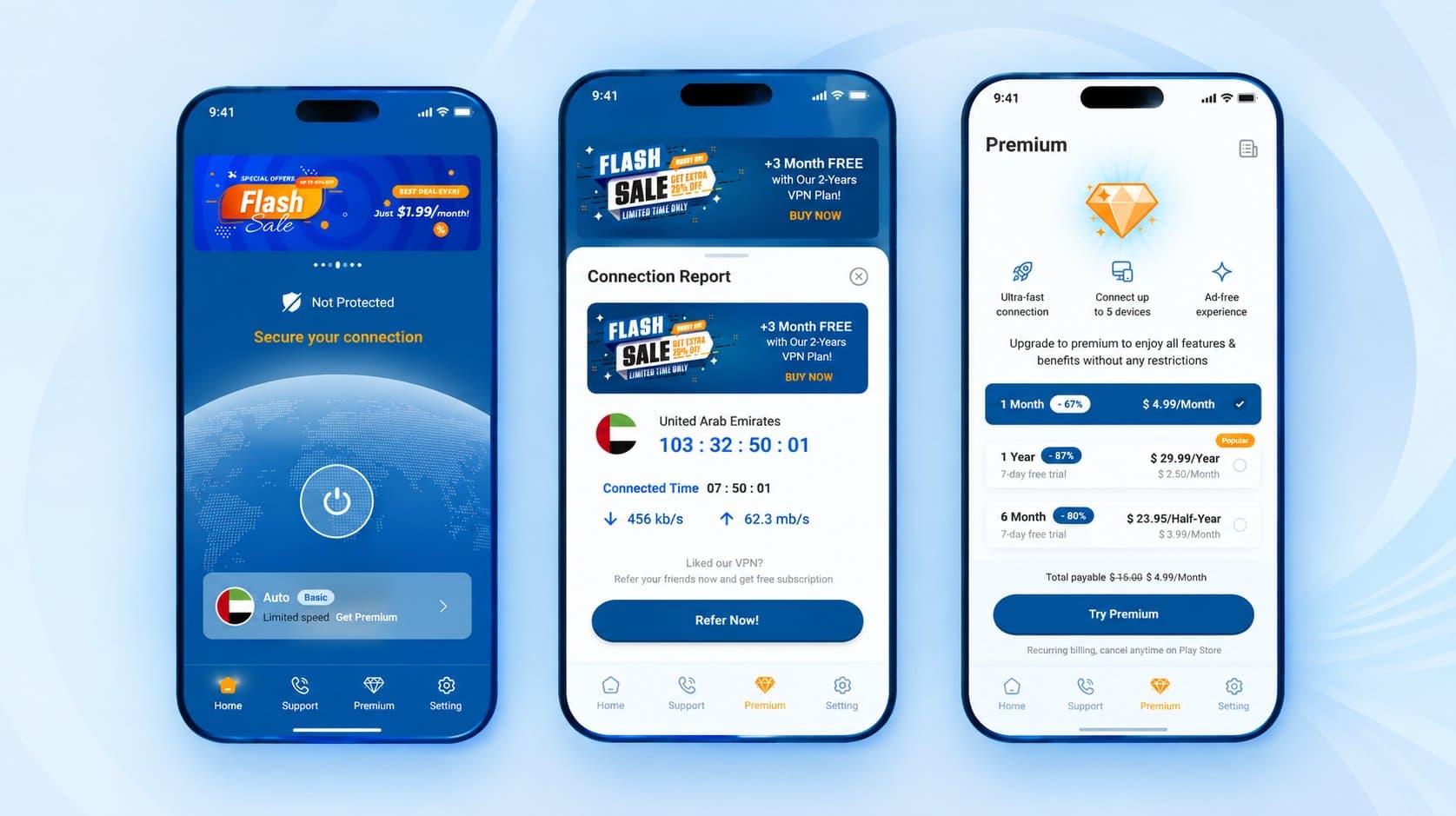 Three EnovaVPN app screens on phones against a soft blue background: the home screen with connect button, a Connection Report with session time and speeds, and the Premium plans screen