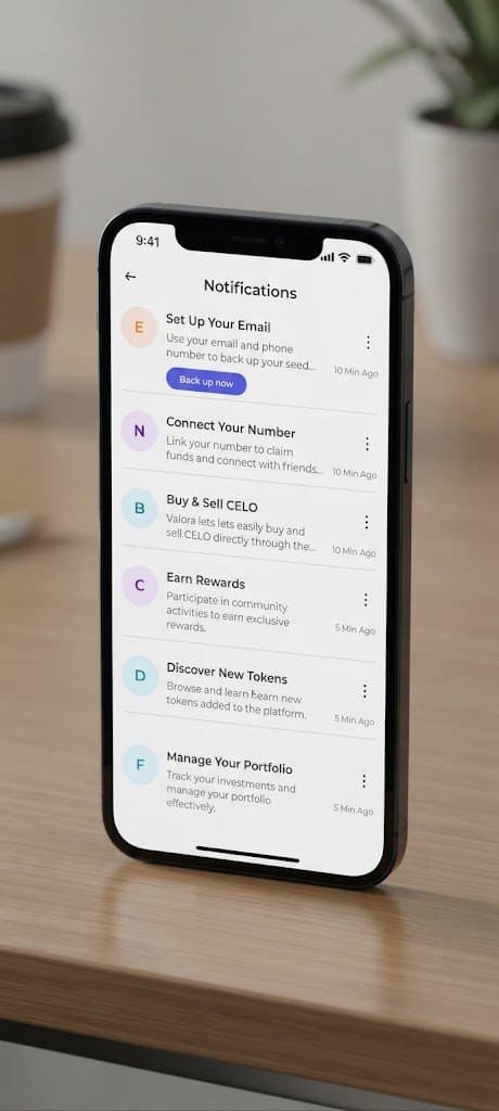 Close-up of a phone on a table showing the Remit&Go notifications screen with steps to set up email, connect number, buy and sell CELO and earn rewards