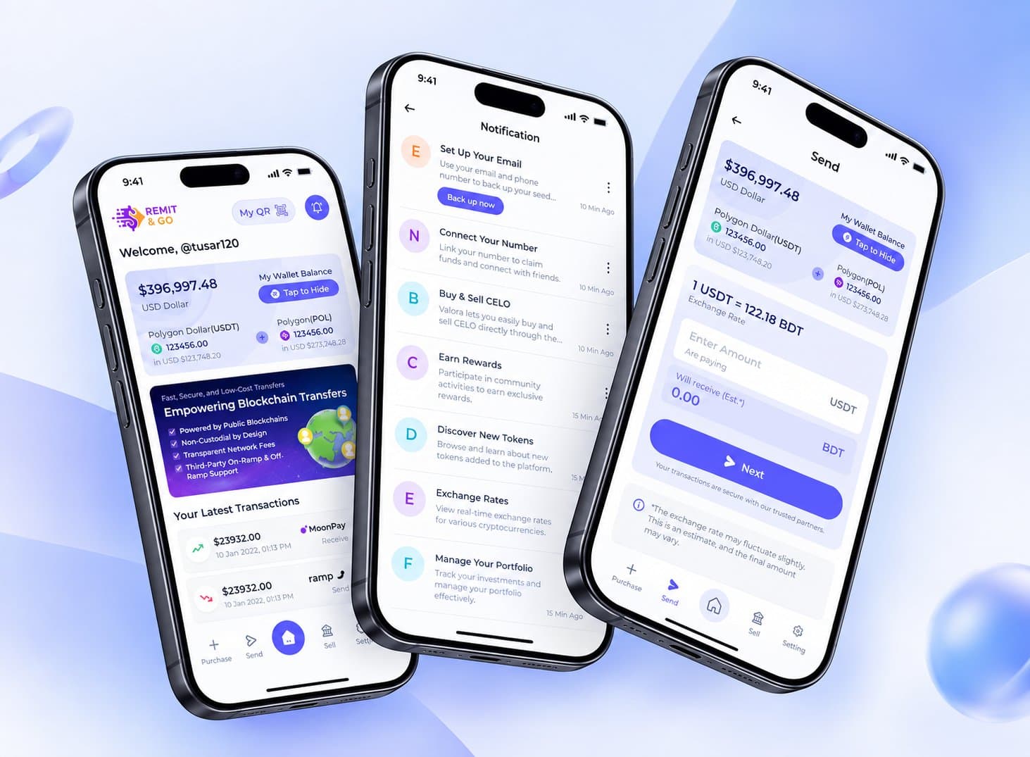 Three smartphones showing the Remit&Go app: the wallet home screen with USD balance, a notifications list, and the send screen converting USDT to BDT, on a soft blue background