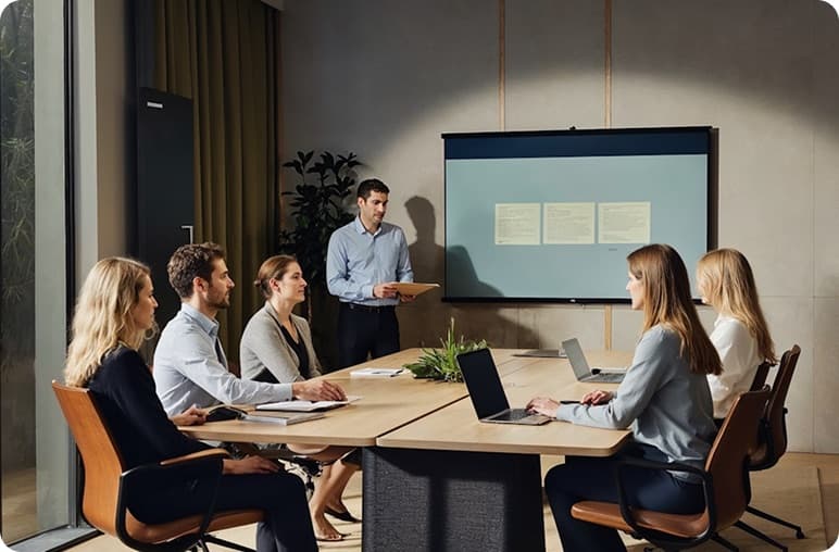 Nagorik engineers and product leads reviewing a client brief in a meeting room