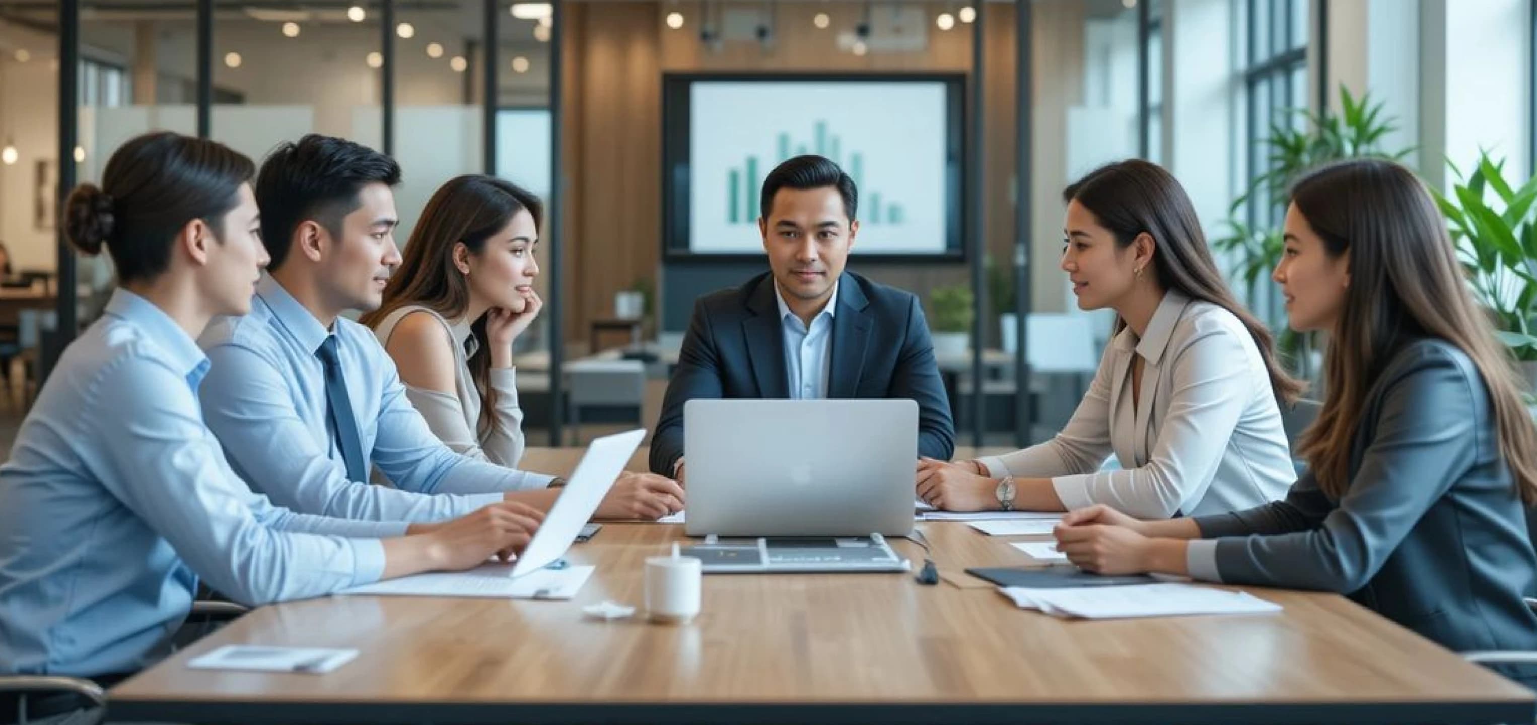 Cross-functional team aligning on business strategy in a modern office